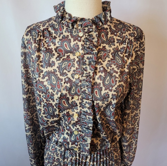 Vintage 1970s Paisley Print Drop Elastic Waist Ruffle Pleated Shirt Dress, Sz 14 - Picture 11 of 15